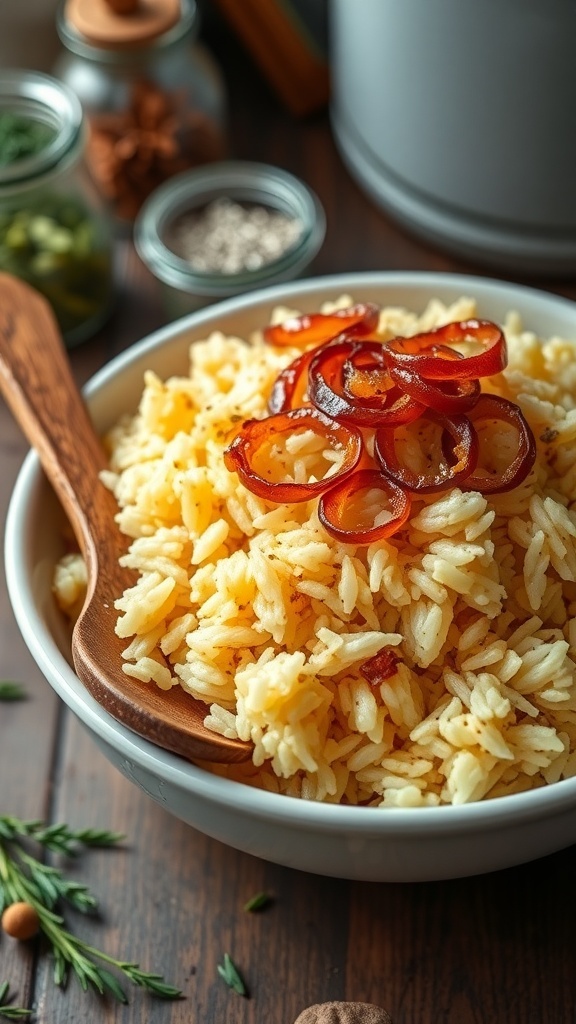 Fluffy French onion rice garnished with caramelized onions in a white bowl on a rustic kitchen table.